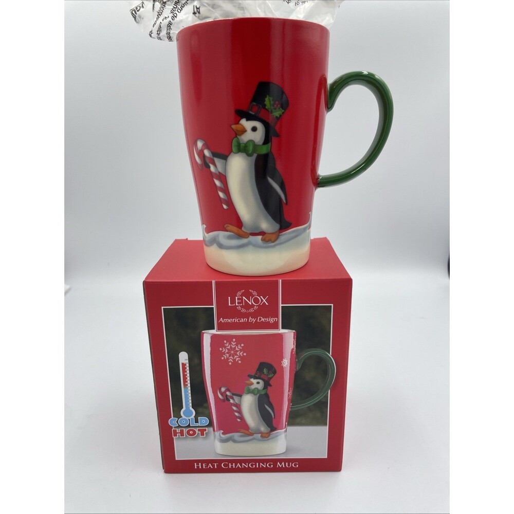 Lenox Penguin Ceramic Heat Changing Hot Cold Travel Mug MACY Holiday NEW